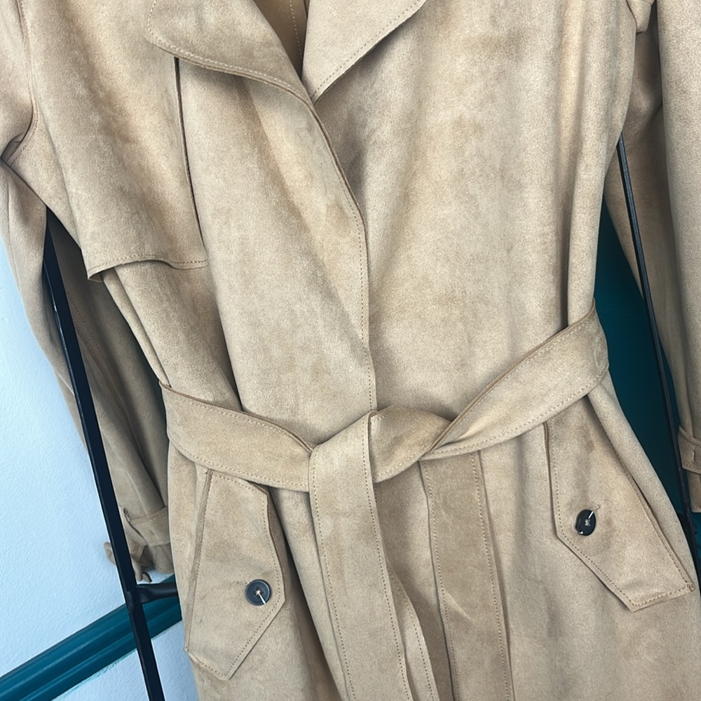 Zara Faux Suede Camel Wrap Slightly Oversized Trench Coat Sz XS NWOT - Picture 5 of 8